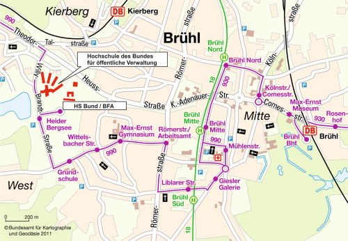 Anfahrtsskizze zur Hochschule des Bundes für öffentliche Verwaltung Zentralbereich und Fachbereich Allgemeine Innere Verwaltung in Brühl mit öffentlichen Verkehrsmitteln